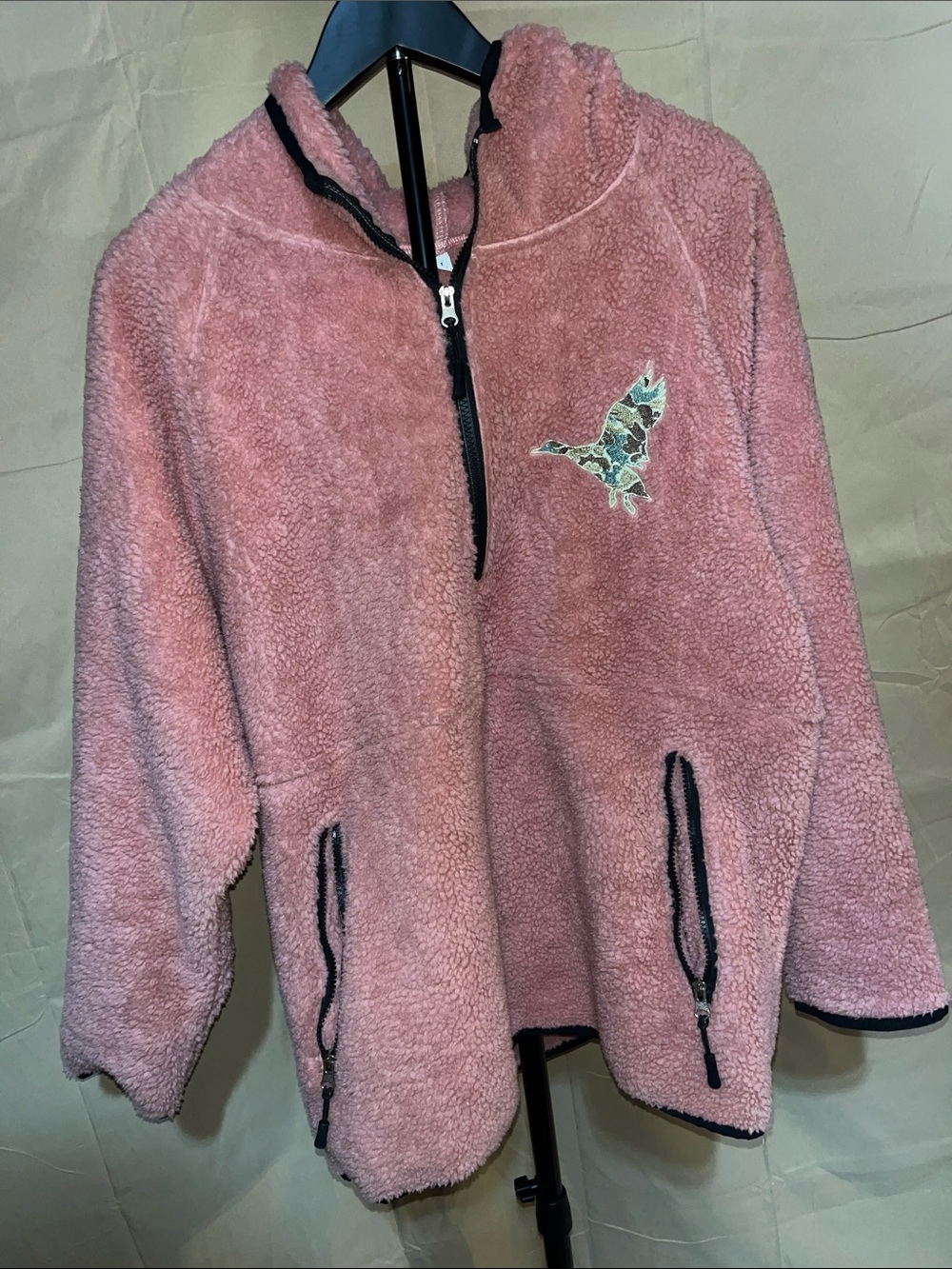 Women’s Pink Sherpa Pullover Jacket with Embroidered Duck